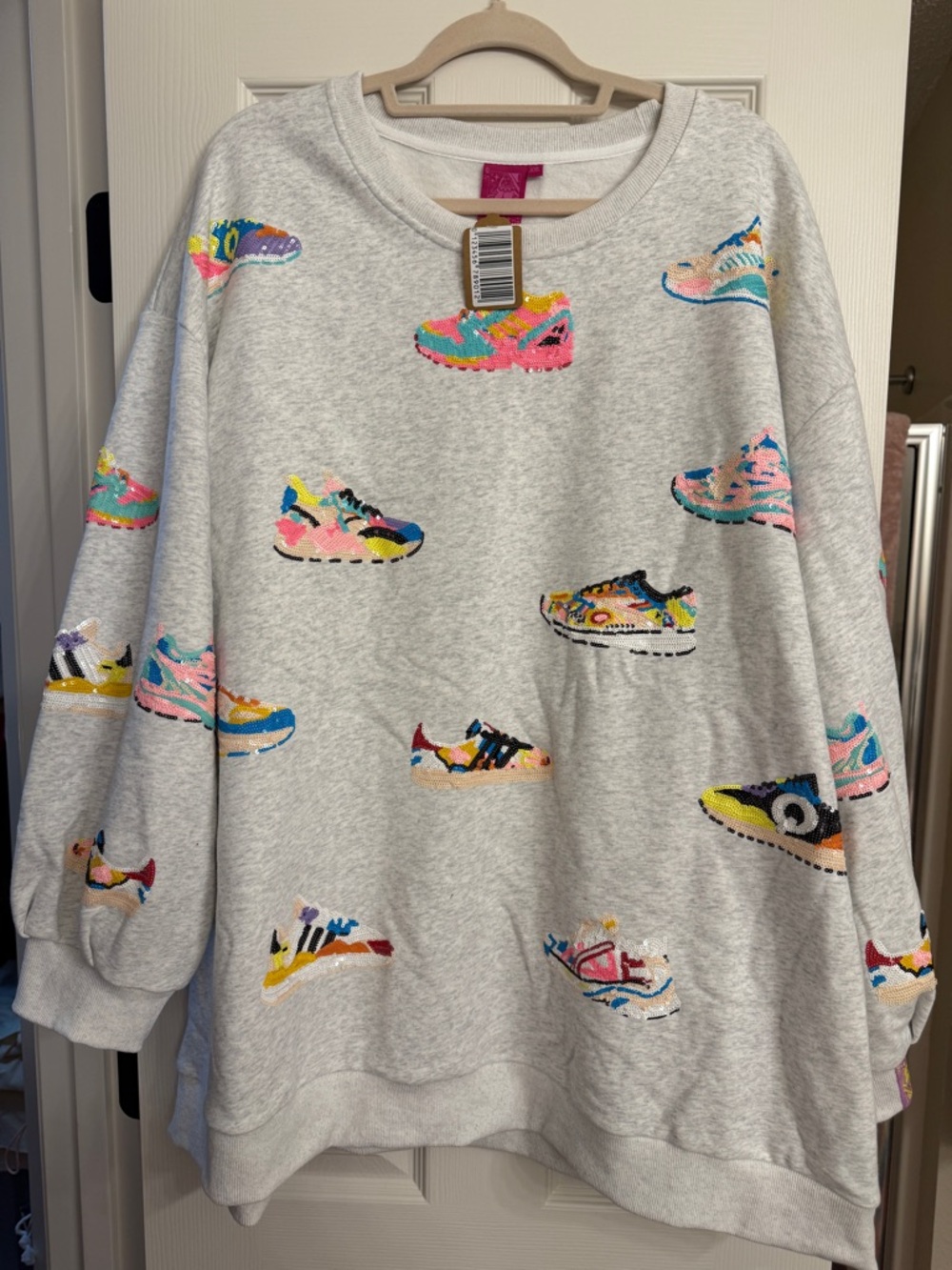 QUEEN OF SPARKLES Gray Sweatshirt with Multicolor Sneaker Embroidery